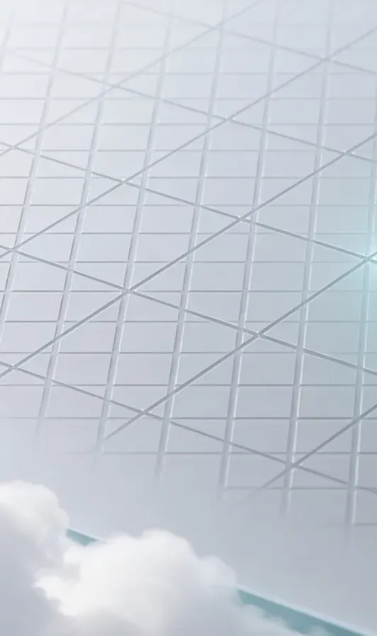 Vertical glass rectangle with a gold stylized logo and the word Z PLATFORM written vertically in black, surrounded by small transparent cubes casting shadows.