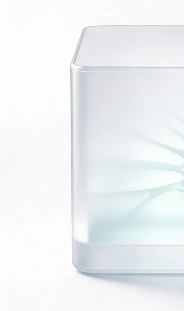 Vertical glass rectangle with a gold stylized logo and the word Z PLATFORM written vertically in black, surrounded by small transparent cubes casting shadows.