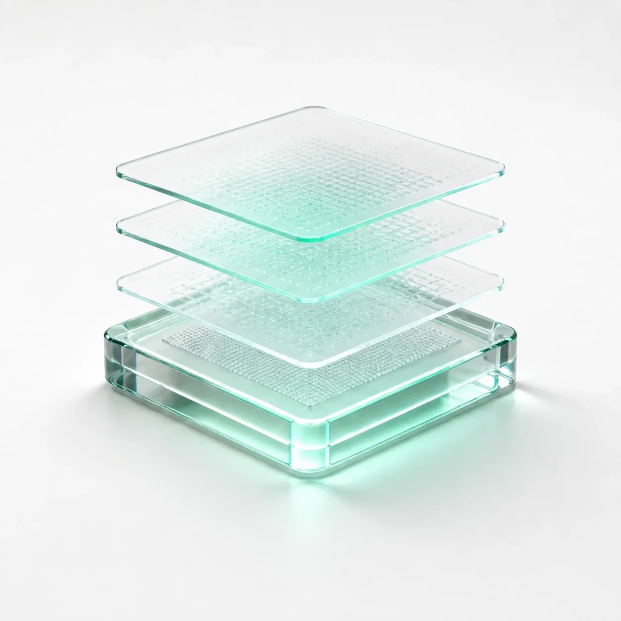 Four stacked frosted glass layers with a mint glow, lifting apart above a lit glass base.