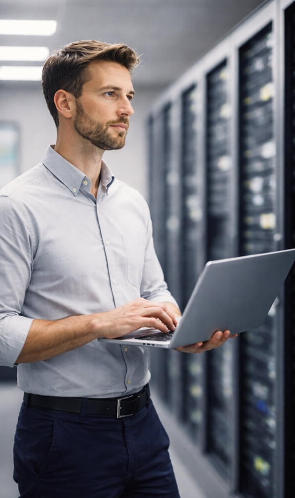 Engineer holding a laptop beside server racks in a data center