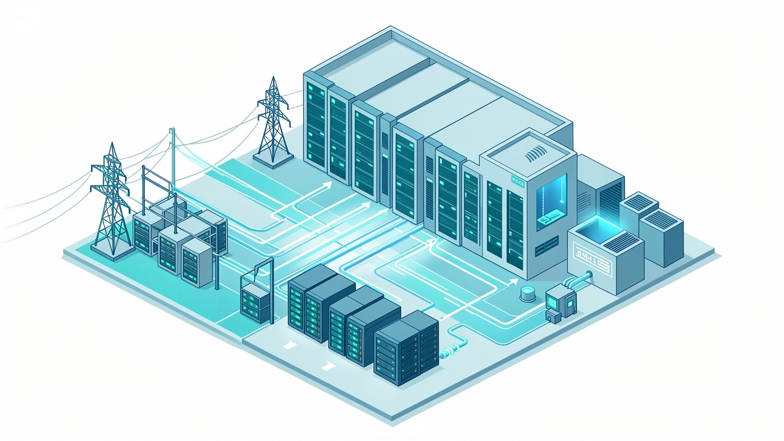 Illustration: Electricity flows from a substation into a data center, powering server racks, cooling units, and lighting.