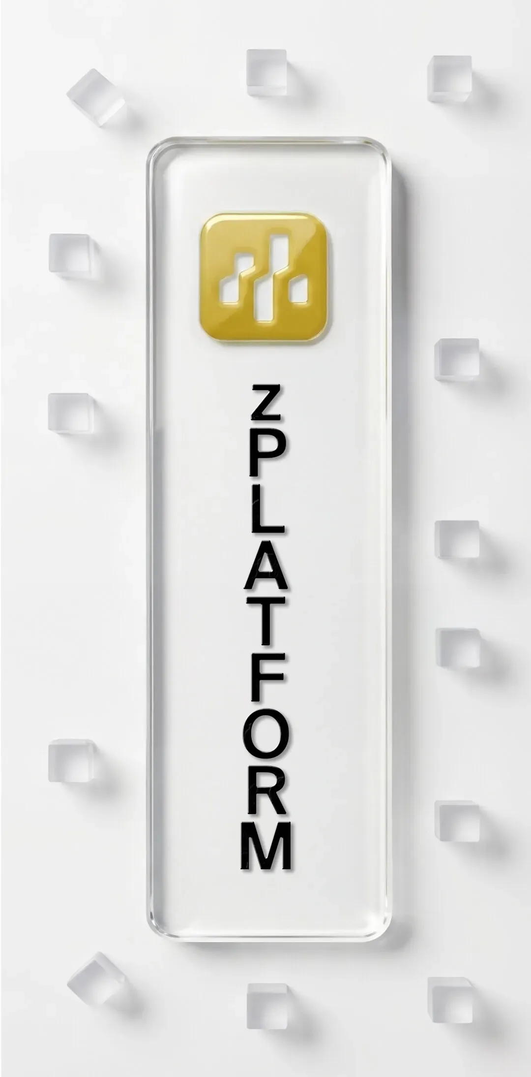 Vertical glass rectangle with a gold stylized logo and the word Z PLATFORM written vertically in black, surrounded by small transparent cubes casting shadows.