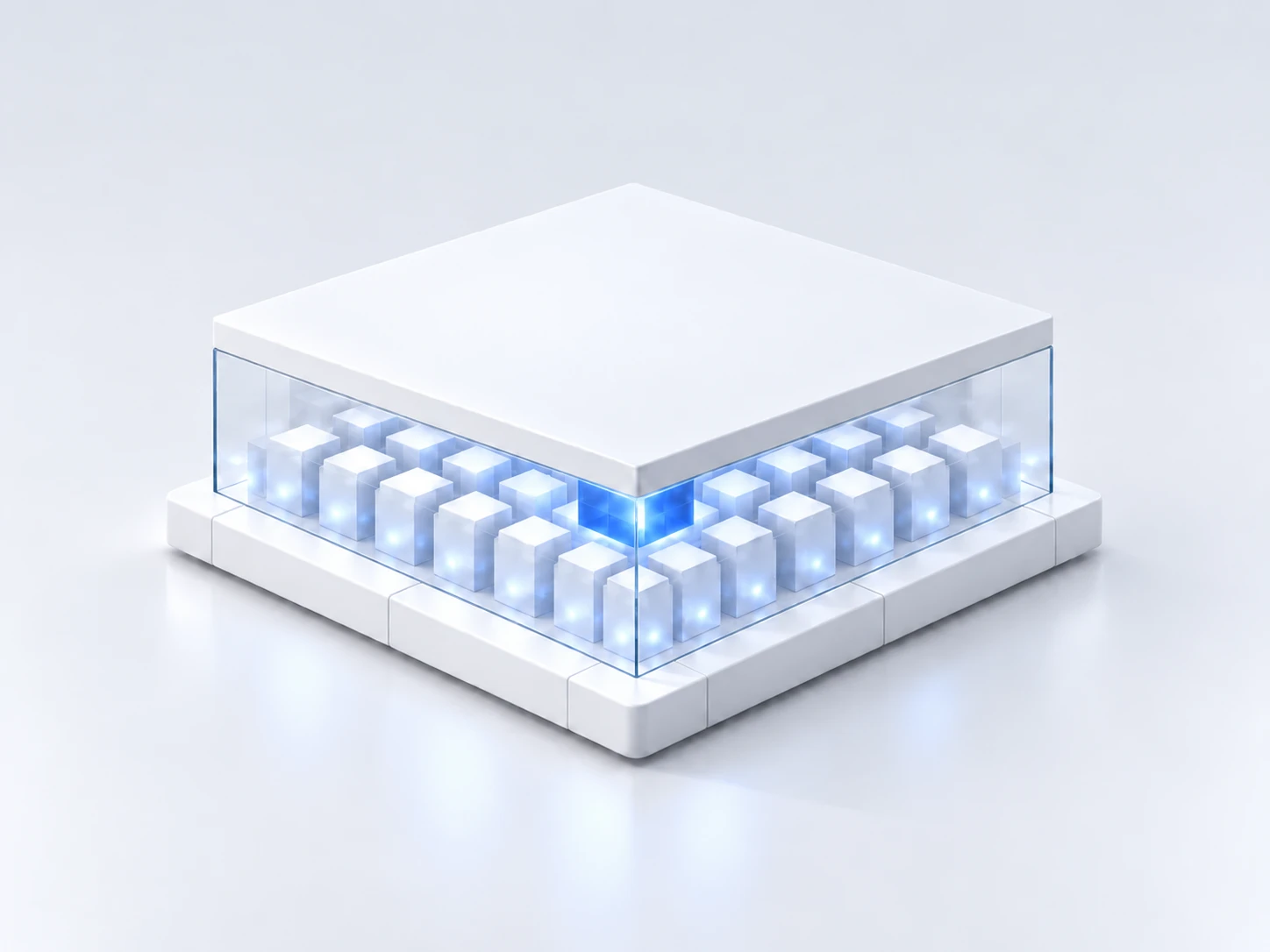 A glass case of white blocks around one blue block, on a white base