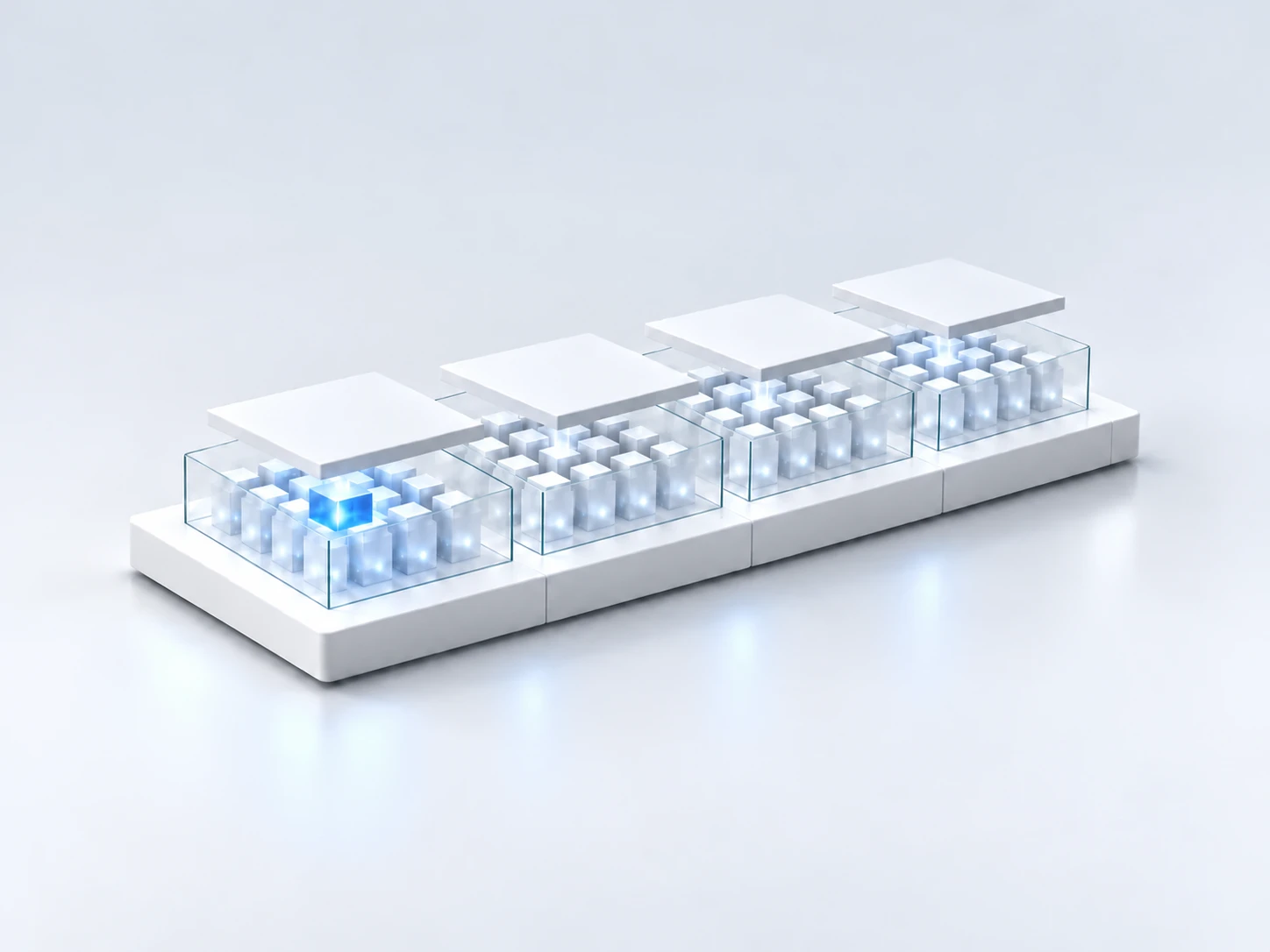 Four glass modules of white blocks in a row, one holding a blue block