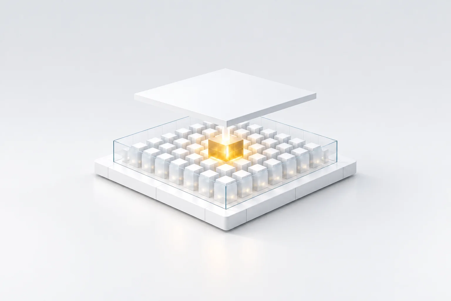 Gold core inside a glass-enclosed grid of white blocks, symbolizing knowledge on company-owned AI infrastructure