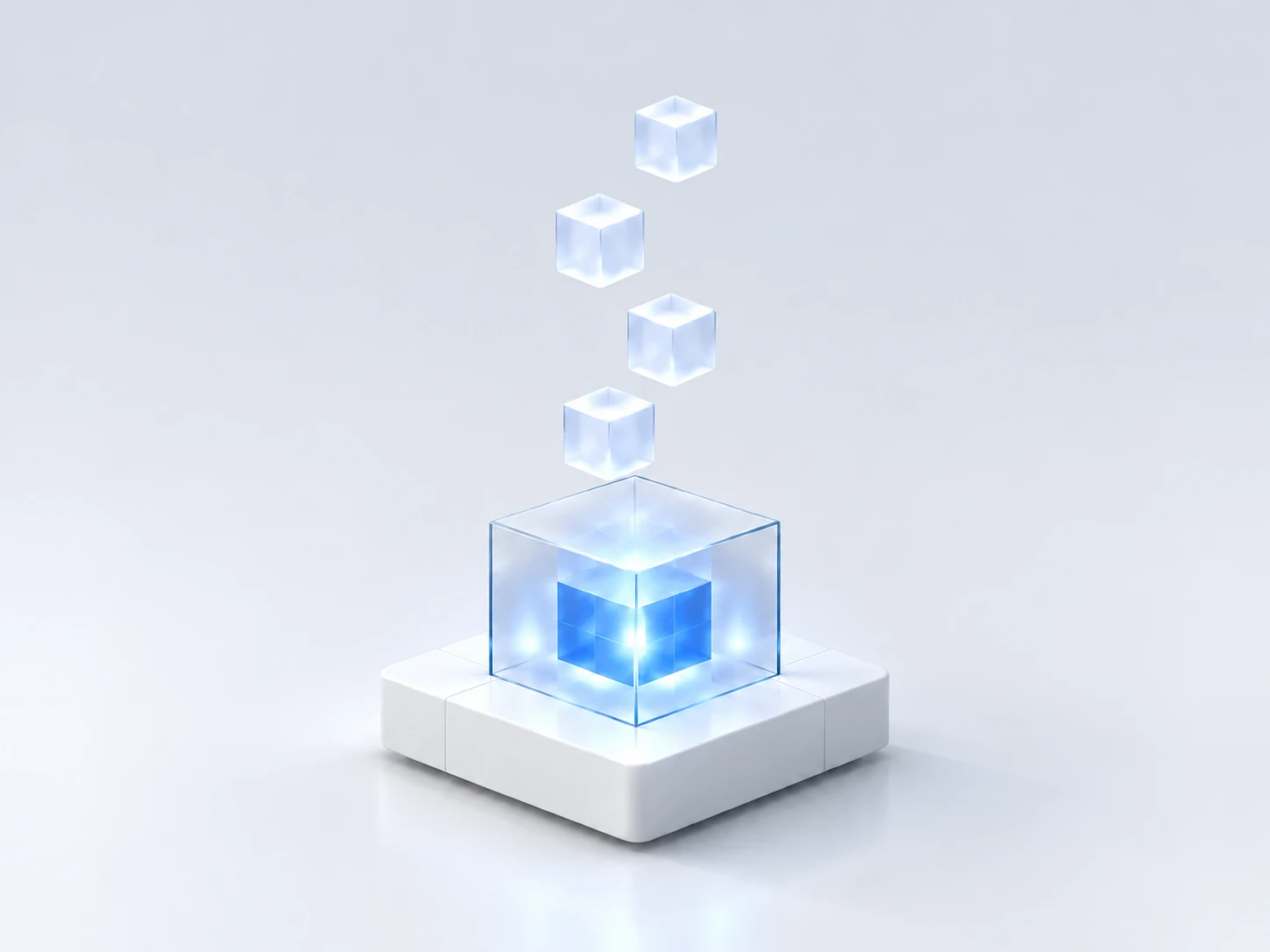 Small glass cubes above a glass case holding a glowing blue core