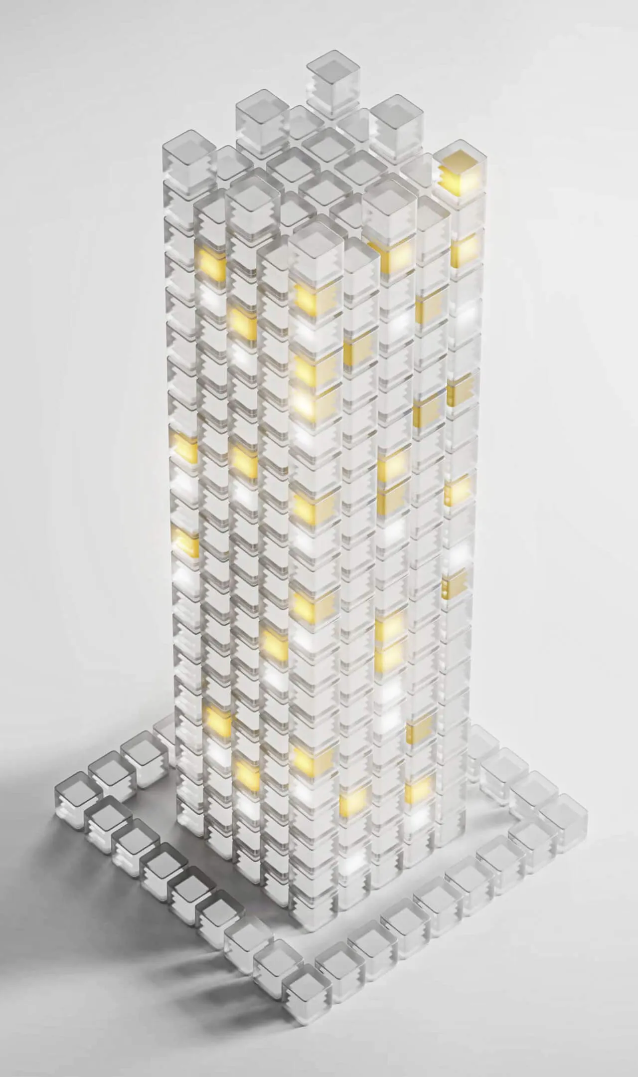3D grid of transparent cubes stacked in a rectangular tower with some cubes illuminated in white and yellow.